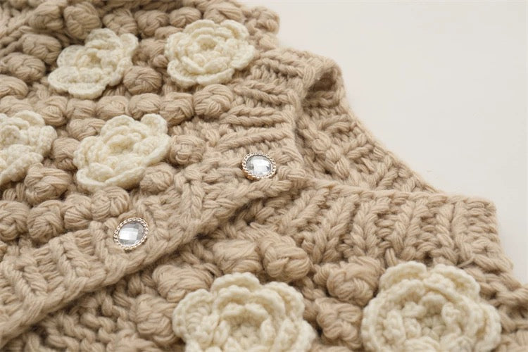 MMC Heavy Industry Stick Needle Thick Thread Fully Handmade Hand-tagged Three-dimensional Flower Ball Knitted Cardigan Jacket Thick Sweater