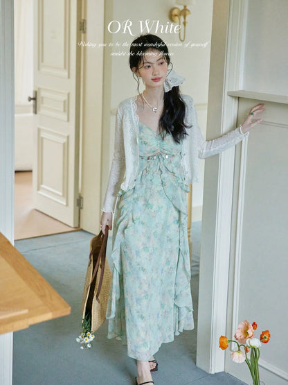 ORWhite French retro floral dress for women in summer with suspenders and flying sleeves design, chiffon high waist and slim long style