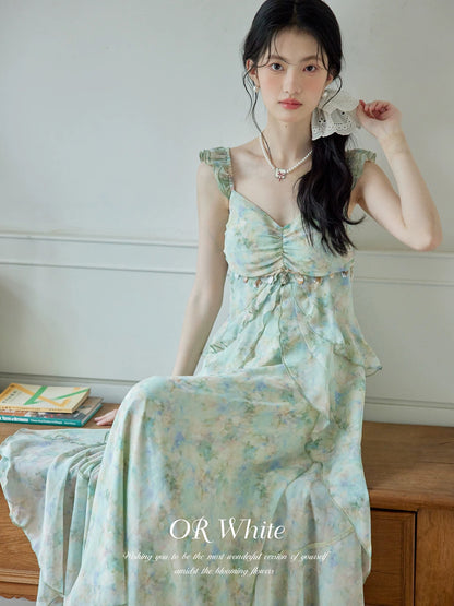 ORWhite French retro floral dress for women in summer with suspenders and flying sleeves design, chiffon high waist and slim long style