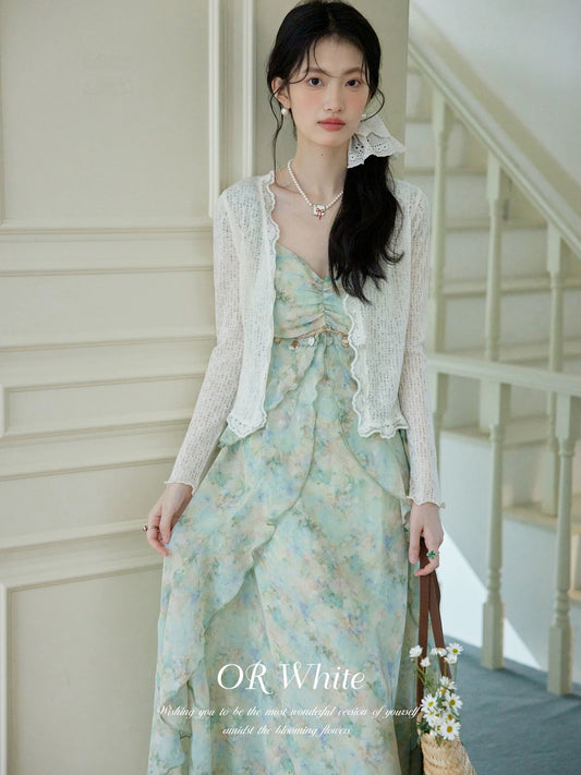 ORWhite French retro floral dress for women in summer with suspenders and flying sleeves design, chiffon high waist and slim long style