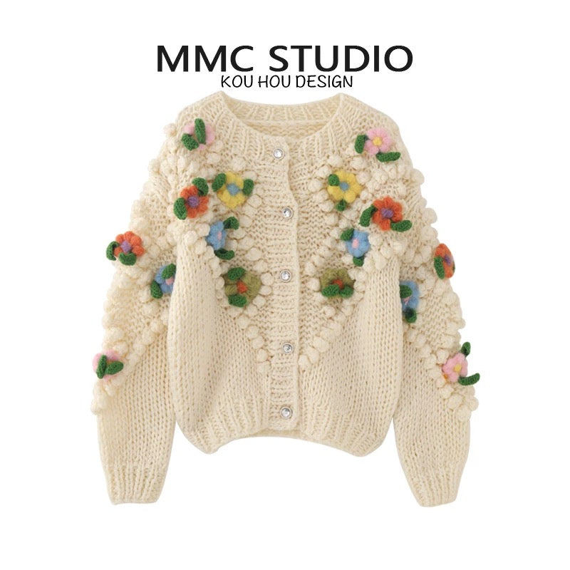 MMC French heavy industry fully handmade three-dimensional decorative hand hook flower ball round neck knitted cardigan jacket top for women