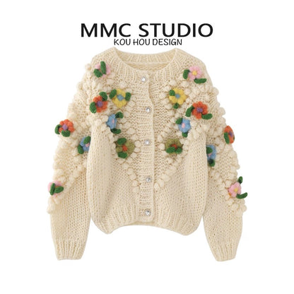 MMC French heavy industry fully handmade three-dimensional decorative hand hook flower ball round neck knitted cardigan jacket top for women