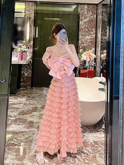 Sexy backless pure lust bow halter top mesh skirt suit female socialite temperament two-piece skirt suit