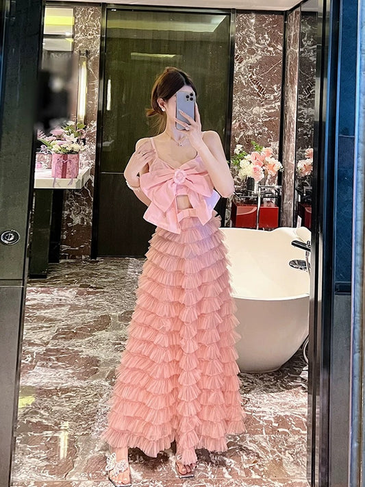 Sexy backless pure lust bow halter top mesh skirt suit female socialite temperament two-piece skirt suit