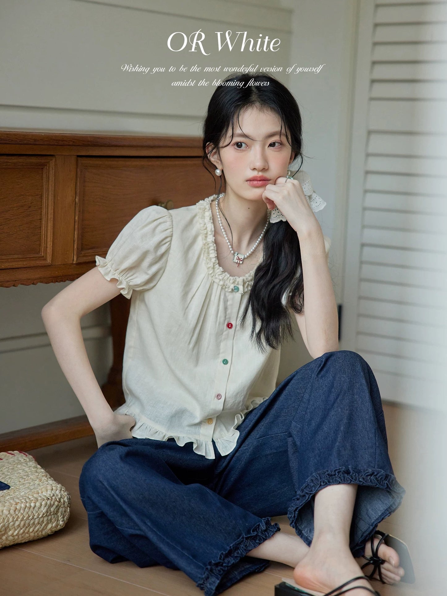ORWhite 2025 Summer French Wood Ear Shirt Women's Linen Cotton Pleated Design Retro Silk Short Sleeves