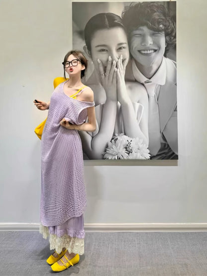 Korean fashion suit summer knitted sleeveless blouse lace inner suspender skirt women's fashionable two-piece set