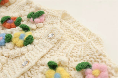 MMC French heavy industry fully handmade three-dimensional decorative hand hook flower ball round neck knitted cardigan jacket top for women