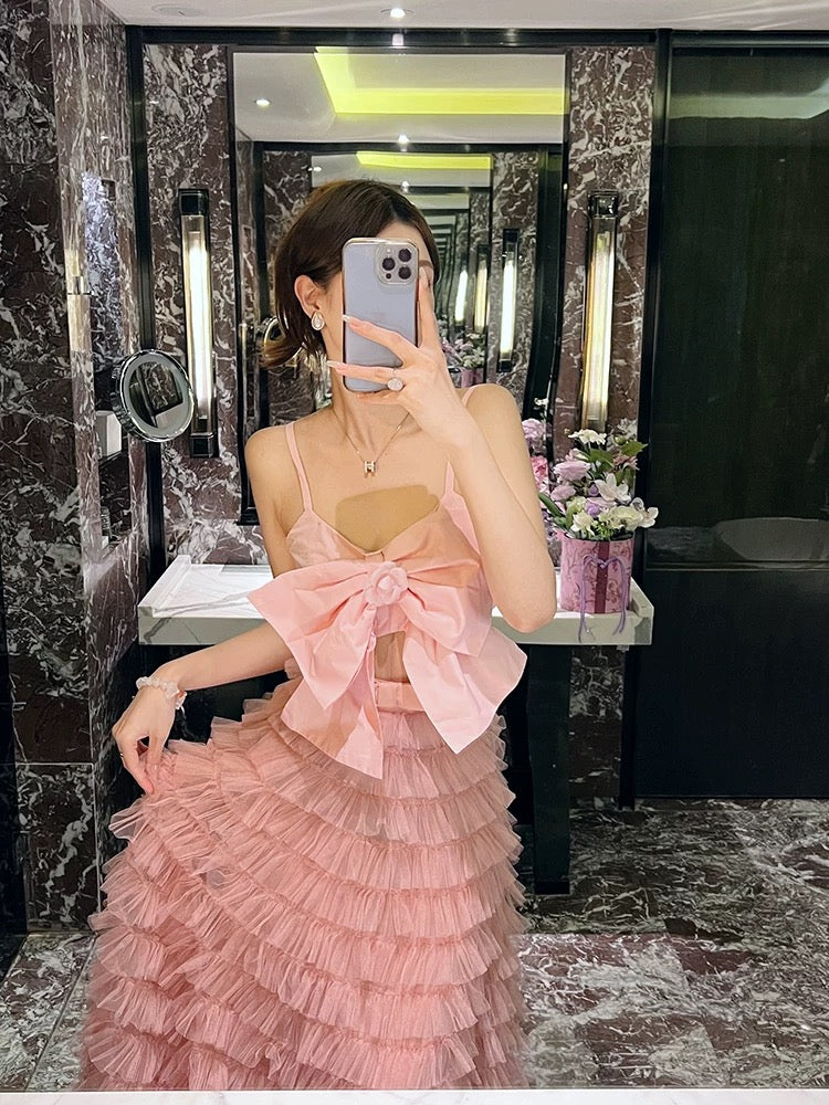 Sexy backless pure lust bow halter top mesh skirt suit female socialite temperament two-piece skirt suit