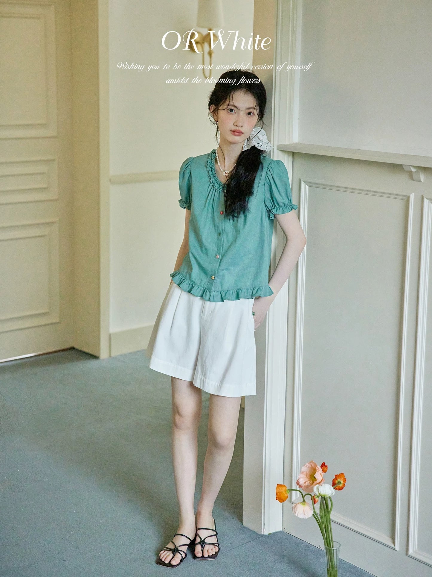 ORWhite 2025 Summer French Wood Ear Shirt Women's Linen Cotton Pleated Design Retro Silk Short Sleeves