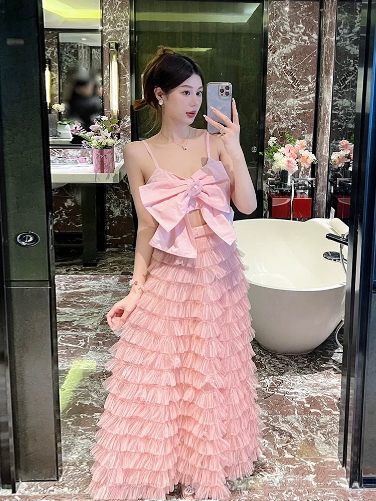 Sexy backless pure lust bow halter top mesh skirt suit female socialite temperament two-piece skirt suit