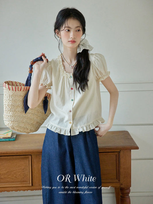 ORWhite 2025 Summer French Wood Ear Shirt Women's Linen Cotton Pleated Design Retro Silk Short Sleeves