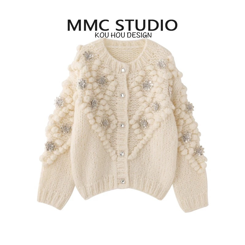 MMC heavy industry hand-crocheted three-dimensional ball ball sequin flower thick needle round neck knitted cardigan jacket sweater top
