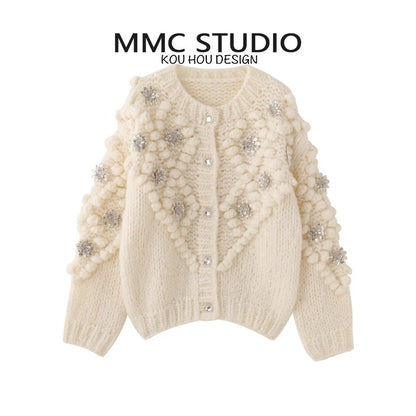 MMC heavy industry hand-crocheted three-dimensional ball ball sequin flower thick needle round neck knitted cardigan jacket sweater top