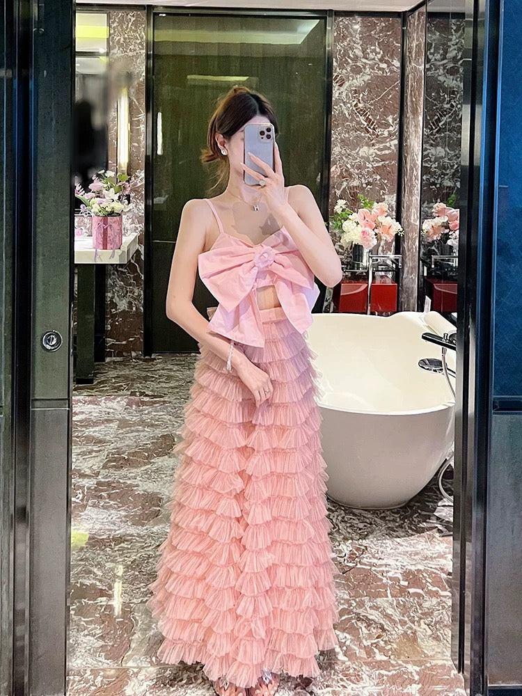 Sexy backless pure lust bow halter top mesh skirt suit female socialite temperament two-piece skirt suit