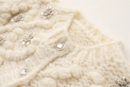 MMC heavy industry hand-crocheted three-dimensional ball ball sequin flower thick needle round neck knitted cardigan jacket sweater top