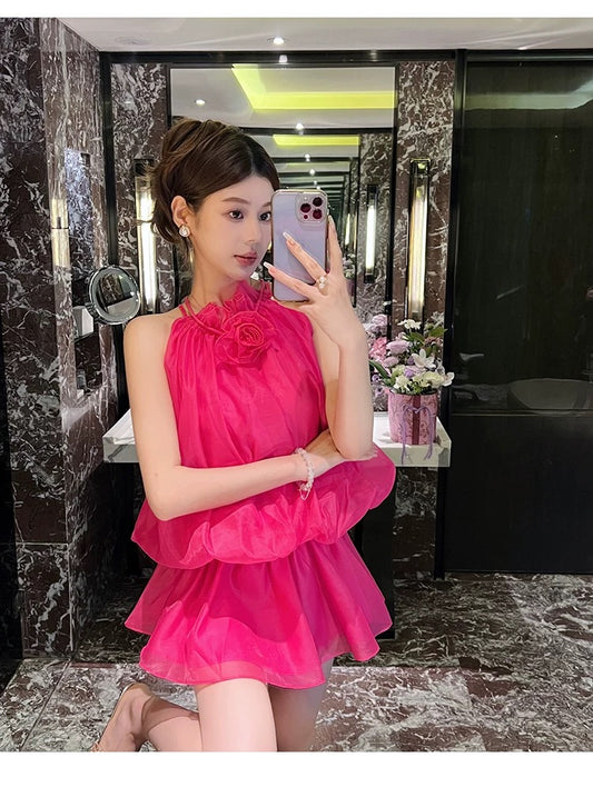 Fairy temperament three-dimensional flower small fragrance style sleeveless halterneck dress small height short skirt women's summer new style
