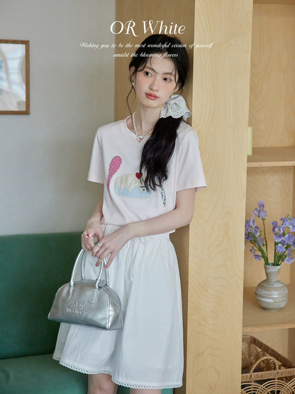 ORWhite 2025 Summer French Retro T-shirt Women's Embossed Applique Embroidery Short Sleeve Round Neck Pure Cotton Sweet Top