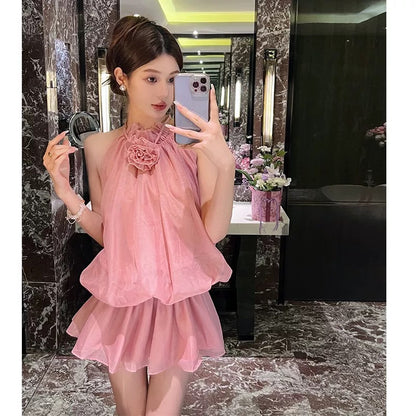Fairy temperament three-dimensional flower small fragrance style sleeveless halterneck dress small height short skirt women's summer new style
