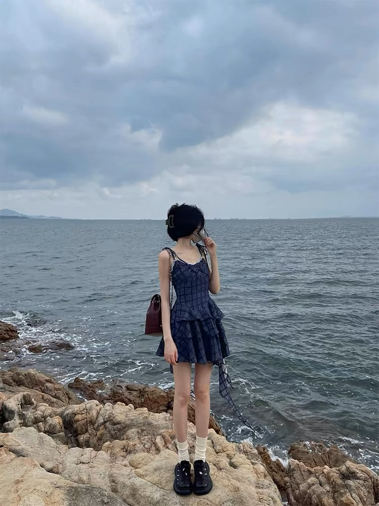 French sweet blue plaid dress for women in summer, small, irregular design, fluffy princess short skirt