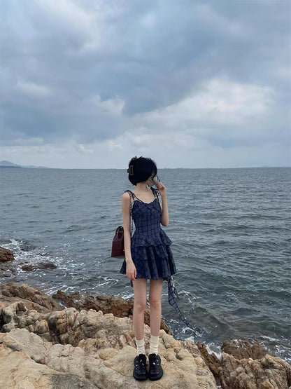 French sweet blue plaid dress for women in summer, small, irregular design, fluffy princess short skirt