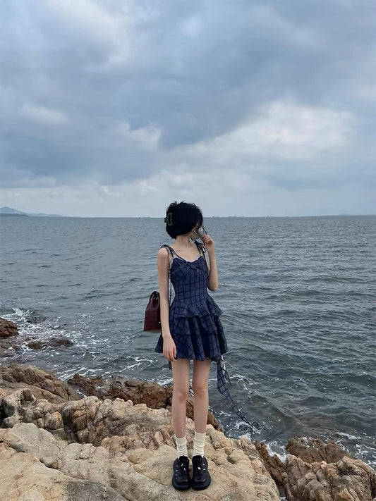 French sweet blue plaid dress for women in summer, small, irregular design, fluffy princess short skirt