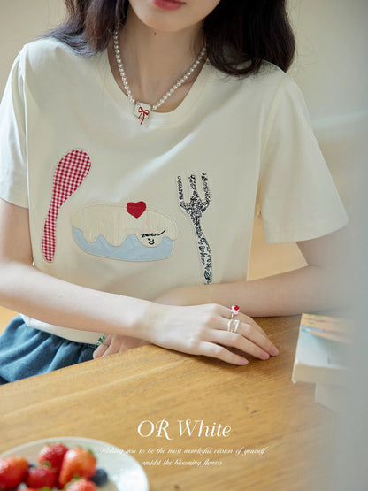 ORWhite 2025 Summer French Retro T-shirt Women's Embossed Applique Embroidery Short Sleeve Round Neck Pure Cotton Sweet Top