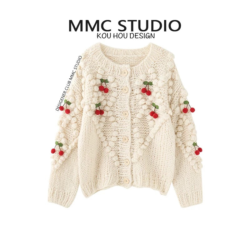 MMC European heavy industry handmade thick needle cherry knitted cardigan jacket sweater top sweet age reduction autumn and winter