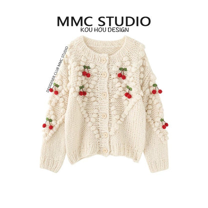MMC European heavy industry handmade thick needle cherry knitted cardigan jacket sweater top sweet age reduction autumn and winter