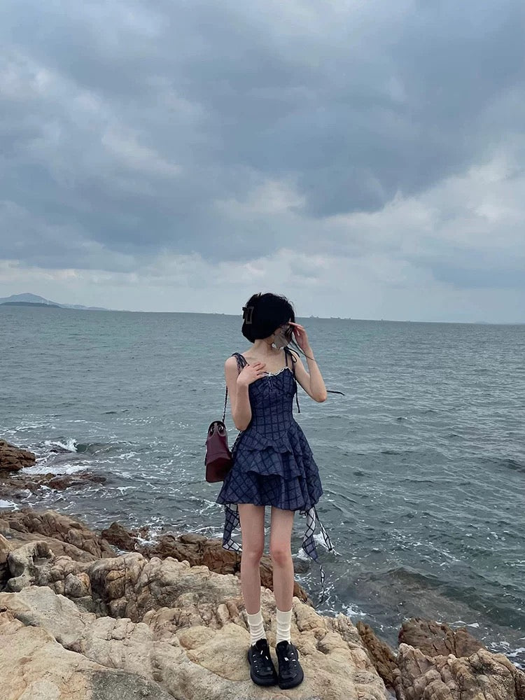French sweet blue plaid dress for women in summer, small, irregular design, fluffy princess short skirt