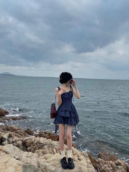 French sweet blue plaid dress for women in summer, small, irregular design, fluffy princess short skirt