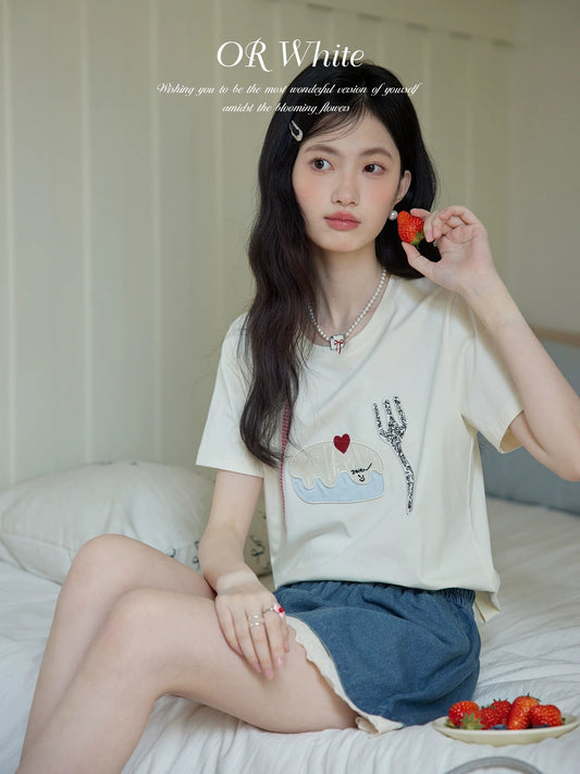 ORWhite 2025 Summer French Retro T-shirt Women's Embossed Applique Embroidery Short Sleeve Round Neck Pure Cotton Sweet Top
