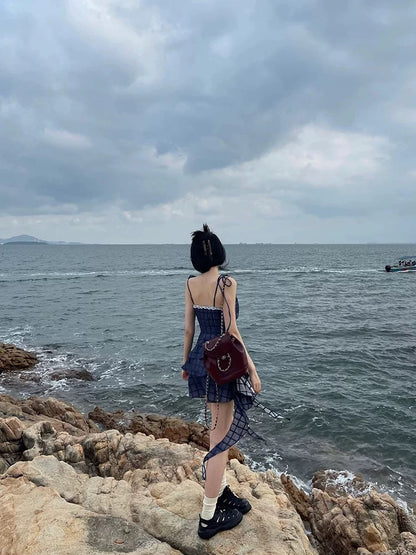 French sweet blue plaid dress for women in summer, small, irregular design, fluffy princess short skirt