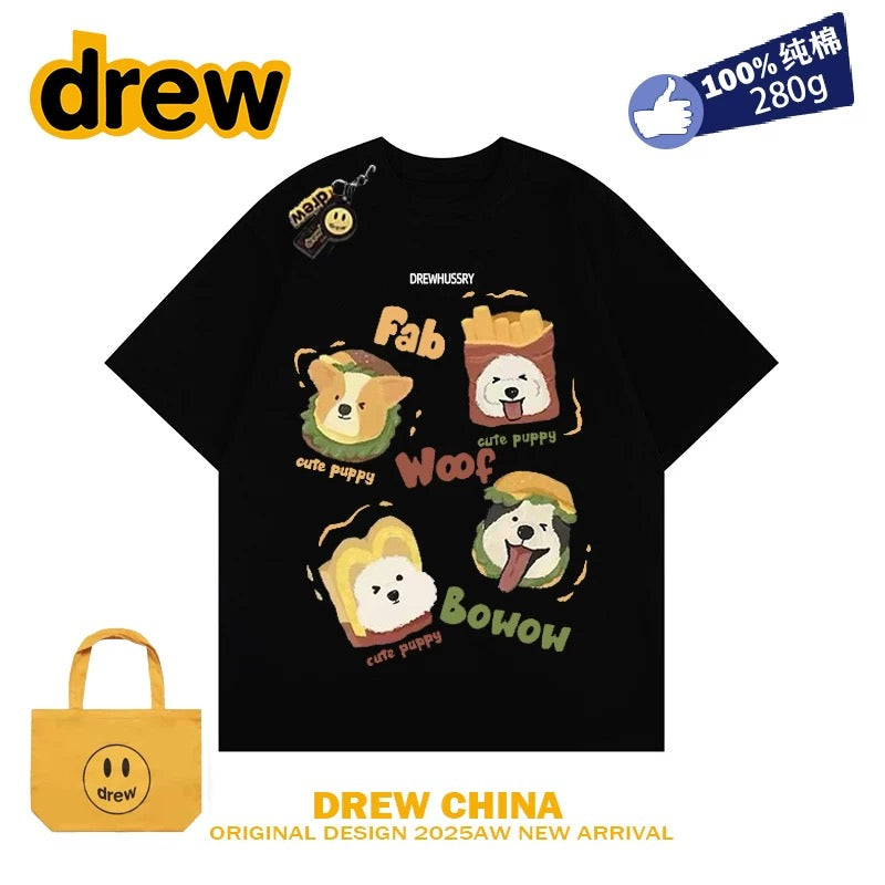 drew American retro dog cute print short-sleeved T-shirt men and women trendy brand casual loose couple wear half-sleeved tee