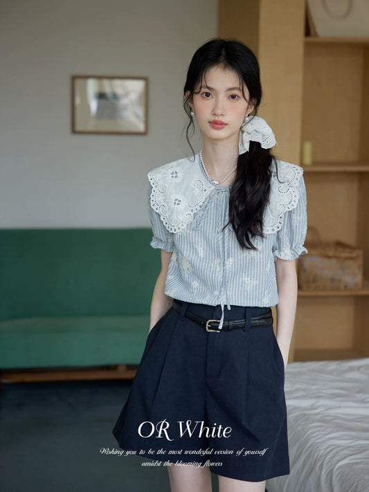 ORWhite French retro doll collar shirt female summer blue and white striped embroidery puff sleeve short sleeve top thin section