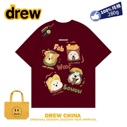 drew American retro dog cute print short-sleeved T-shirt men and women trendy brand casual loose couple wear half-sleeved tee