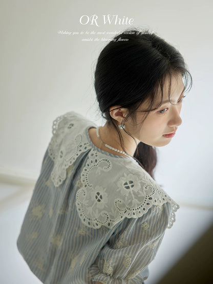 ORWhite French retro doll collar shirt female summer blue and white striped embroidery puff sleeve short sleeve top thin section