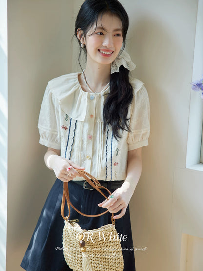 ORWhite Retro Embroidered Shirt Women's Summer Loose Beige Apricot Ruffle Design French Commuter Short Sleeve Top