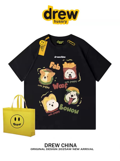 drew American retro dog cute print short-sleeved T-shirt men and women trendy brand casual loose couple wear half-sleeved tee