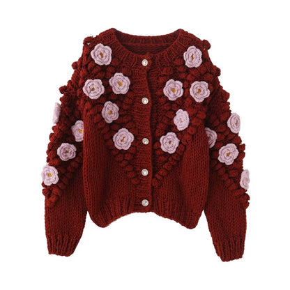 MMC European heavy industry handmade three-dimensional flower thick needle hand hook contrasting color knitted cardigan jacket thickened sweater