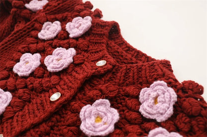 MMC European heavy industry handmade three-dimensional flower thick needle hand hook contrasting color knitted cardigan jacket thickened sweater