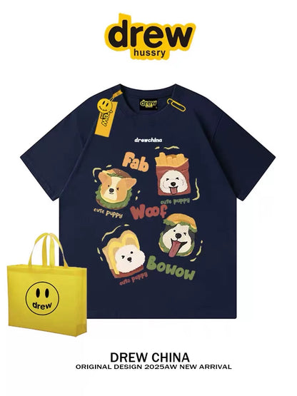 drew American retro dog cute print short-sleeved T-shirt men and women trendy brand casual loose couple wear half-sleeved tee