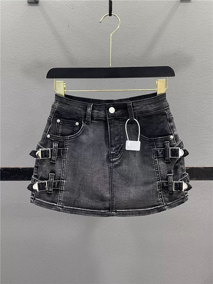 American-style lace-up denim midi skirt for women, summer 2026, petite, slimming, and figure-hugging.