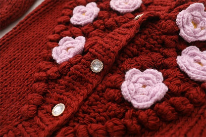 MMC European heavy industry handmade three-dimensional flower thick needle hand hook contrasting color knitted cardigan jacket thickened sweater