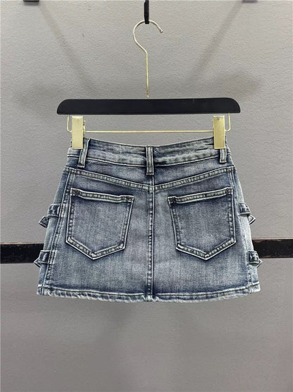 American-style lace-up denim midi skirt for women, summer 2026, petite, slimming, and figure-hugging.