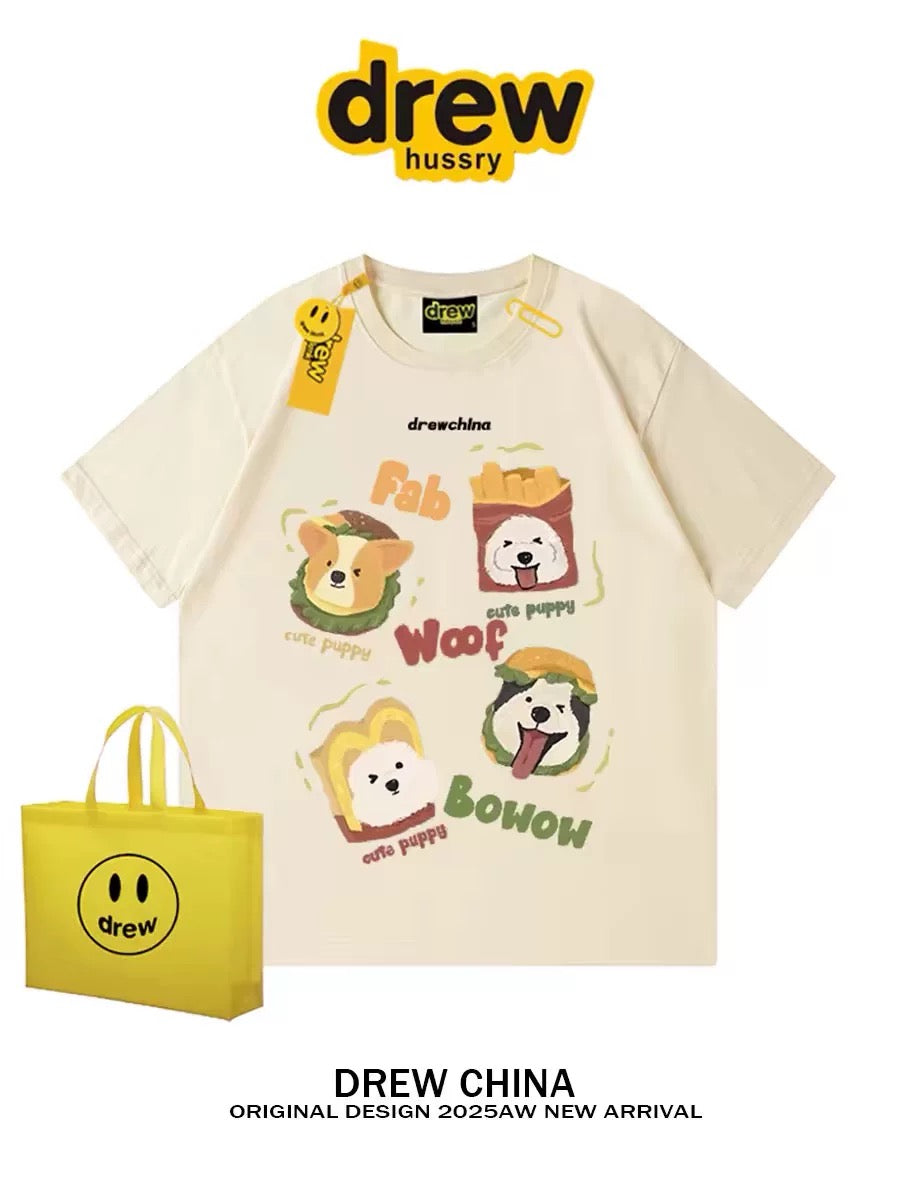 drew American retro dog cute print short-sleeved T-shirt men and women trendy brand casual loose couple wear half-sleeved tee