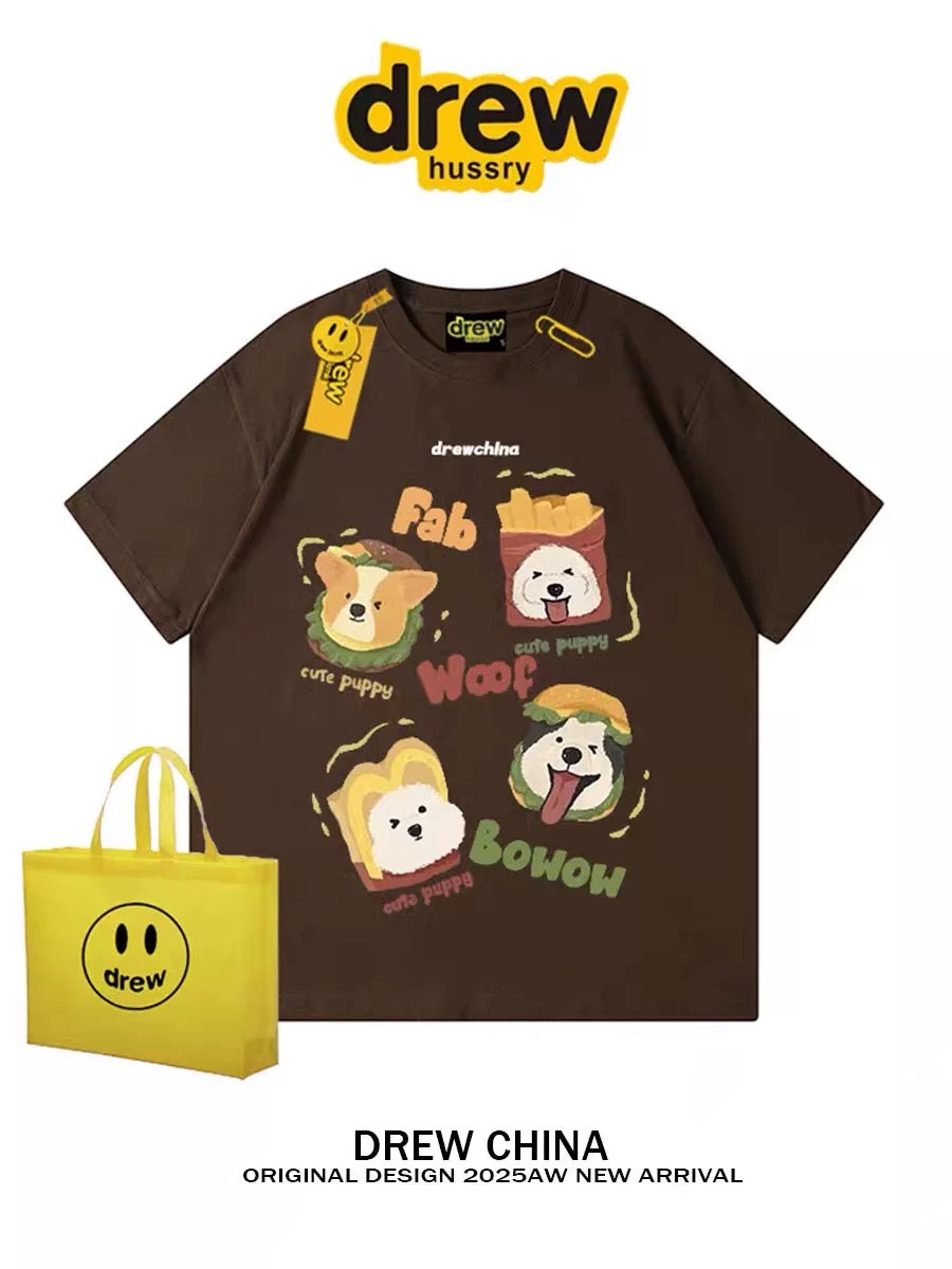 drew American retro dog cute print short-sleeved T-shirt men and women trendy brand casual loose couple wear half-sleeved tee