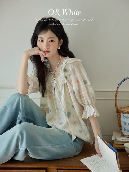 ORWhite French retro floral shirt women's summer silk ruffle lace-up five-point sleeve thin sun protection top