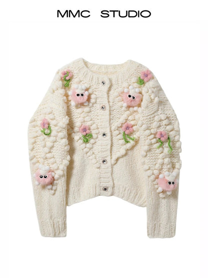 MMC loose heavy industry sweet and cute hand knitted thick stick needle vertical flower sutra cartoon cartoon knitted cardigan jacket thick