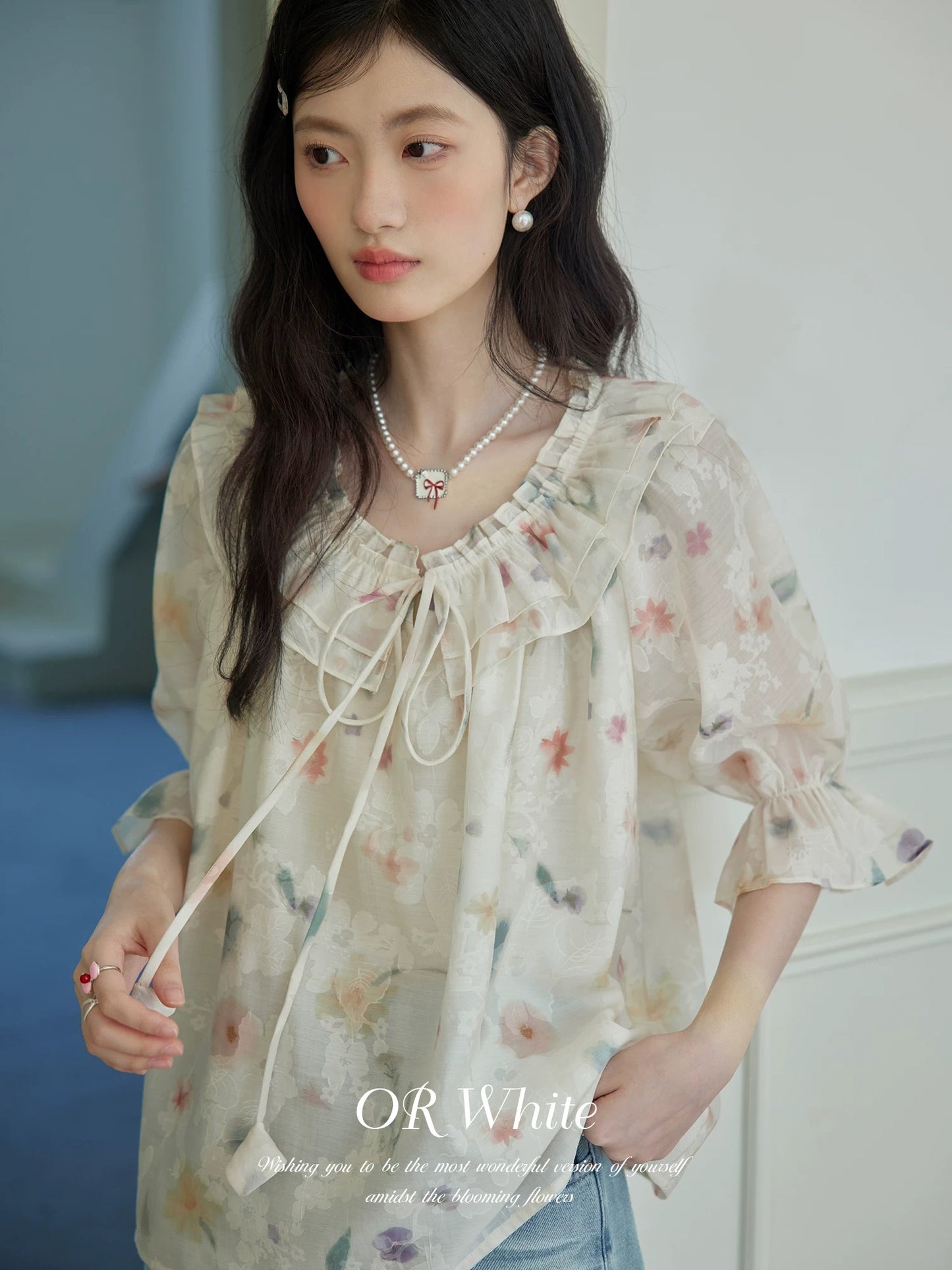 ORWhite French retro floral shirt women's summer silk ruffle lace-up five-point sleeve thin sun protection top