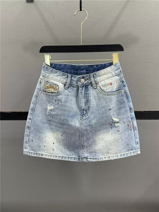 Women's 2026 Summer Graffiti Distressed Denim Skirt, Loose Fit, Slimming A-line Bodycon Mini Skirt
